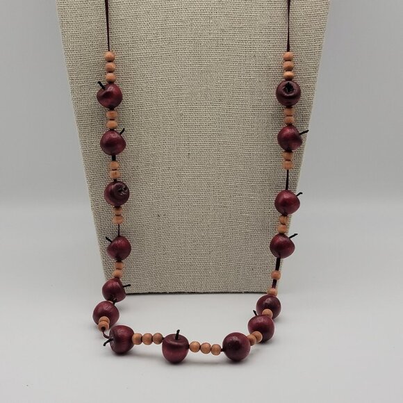 Vintage 80's Red Apple Fruit Necklace Brown Cord Wooden Beads 30" Total Tie Cord - Picture 6 of 8
